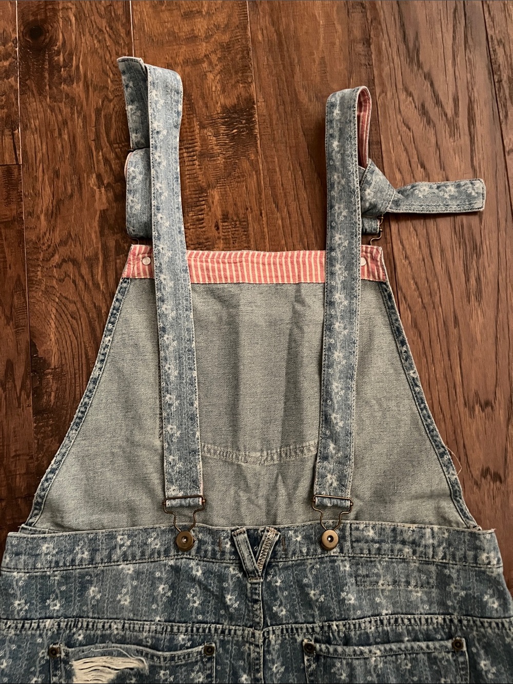 FP Distressed Light Blue Denim Overalls w/pink&white fabric on back of strap - Picture 9 of 14